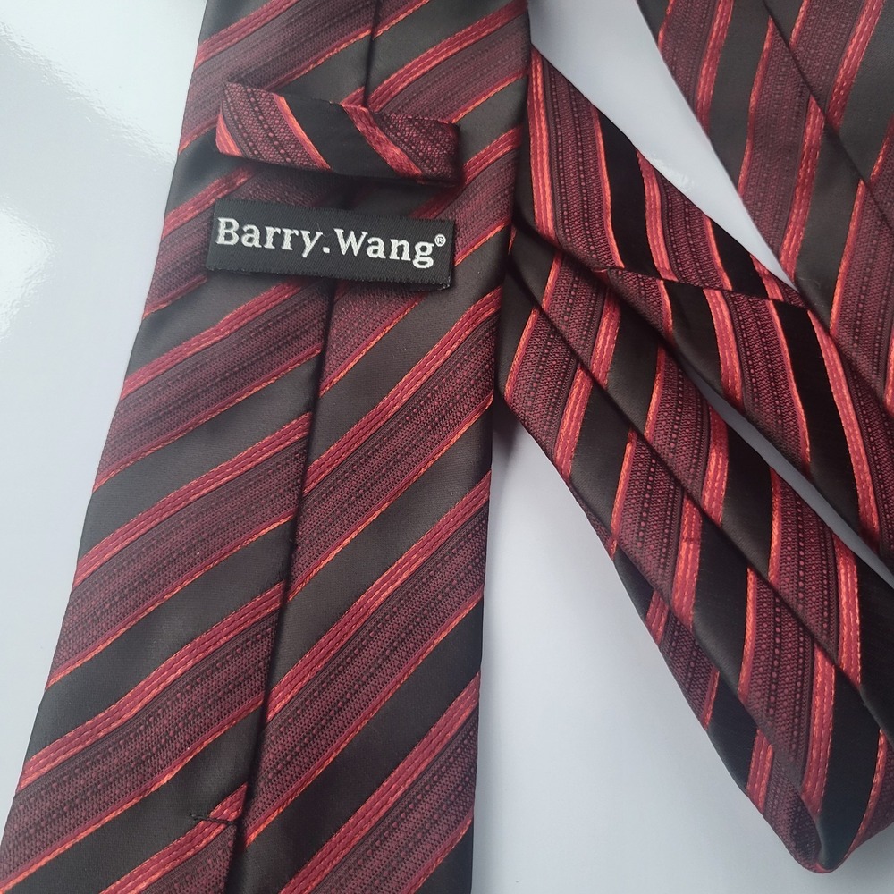 barry Wang‎ red black diagonal stripe silk tie barry.wang - Picture 2 of 4